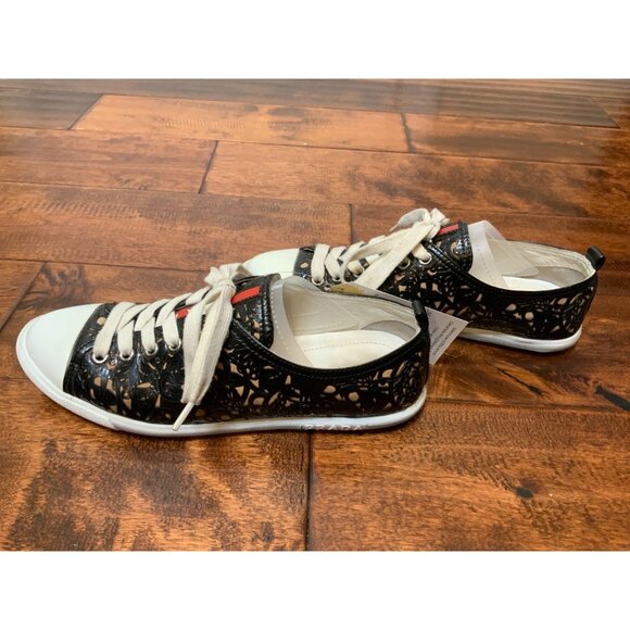 PRADA Black Floral Laser Cut Patent Leather Sneakers, Size 7 | 37 - Picture 4 of 11